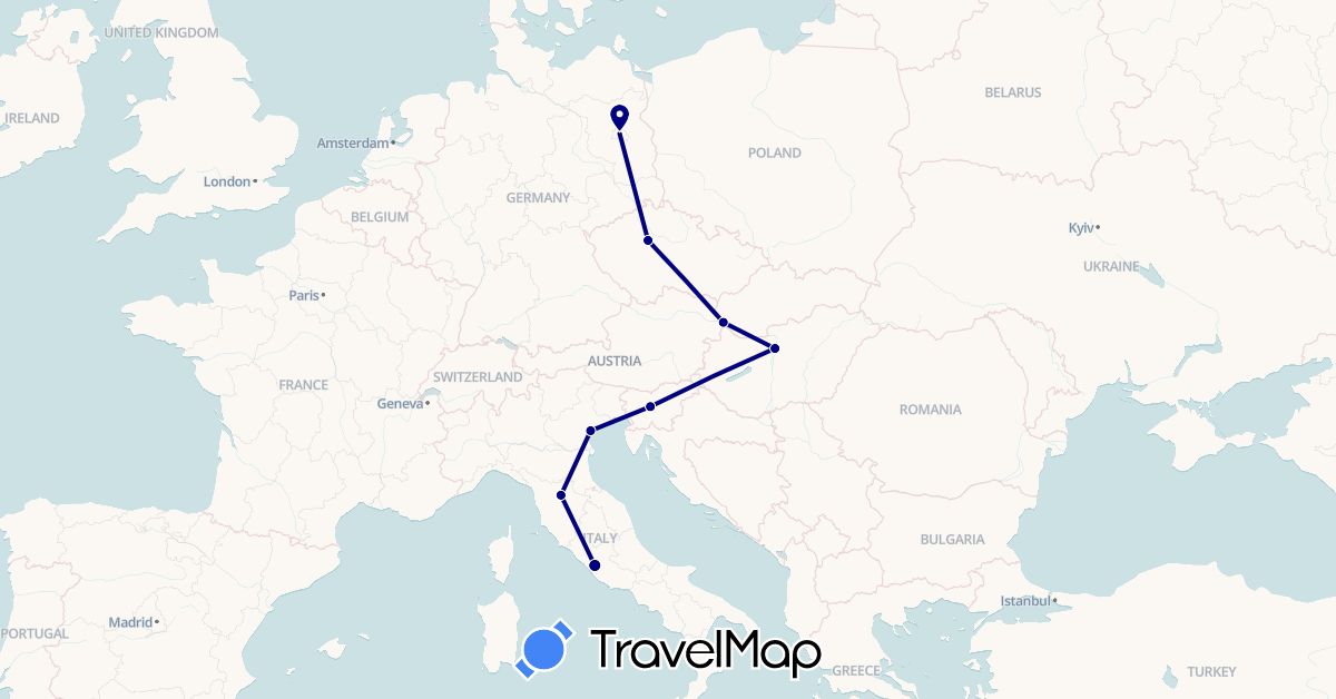 TravelMap itinerary: driving in Czech Republic, Germany, Hungary, Italy, Slovenia, Slovakia (Europe)